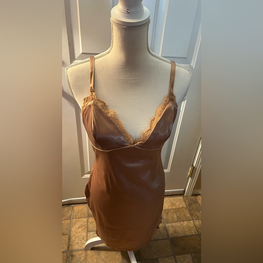 Carmel colored feminine lacy slip dress, XL, body con fit